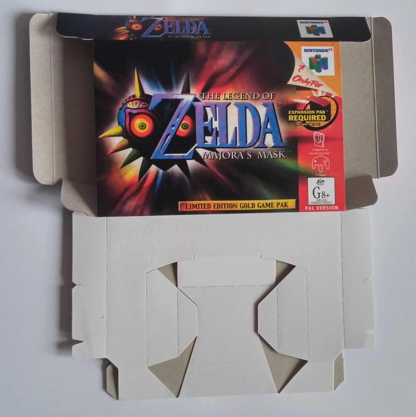 The Legend of Zelda Majoras Mask - NTSC, PAL or Australian PAL - N64- Box replacement, Manual, Inner Tray - thick cardboard as in the original.