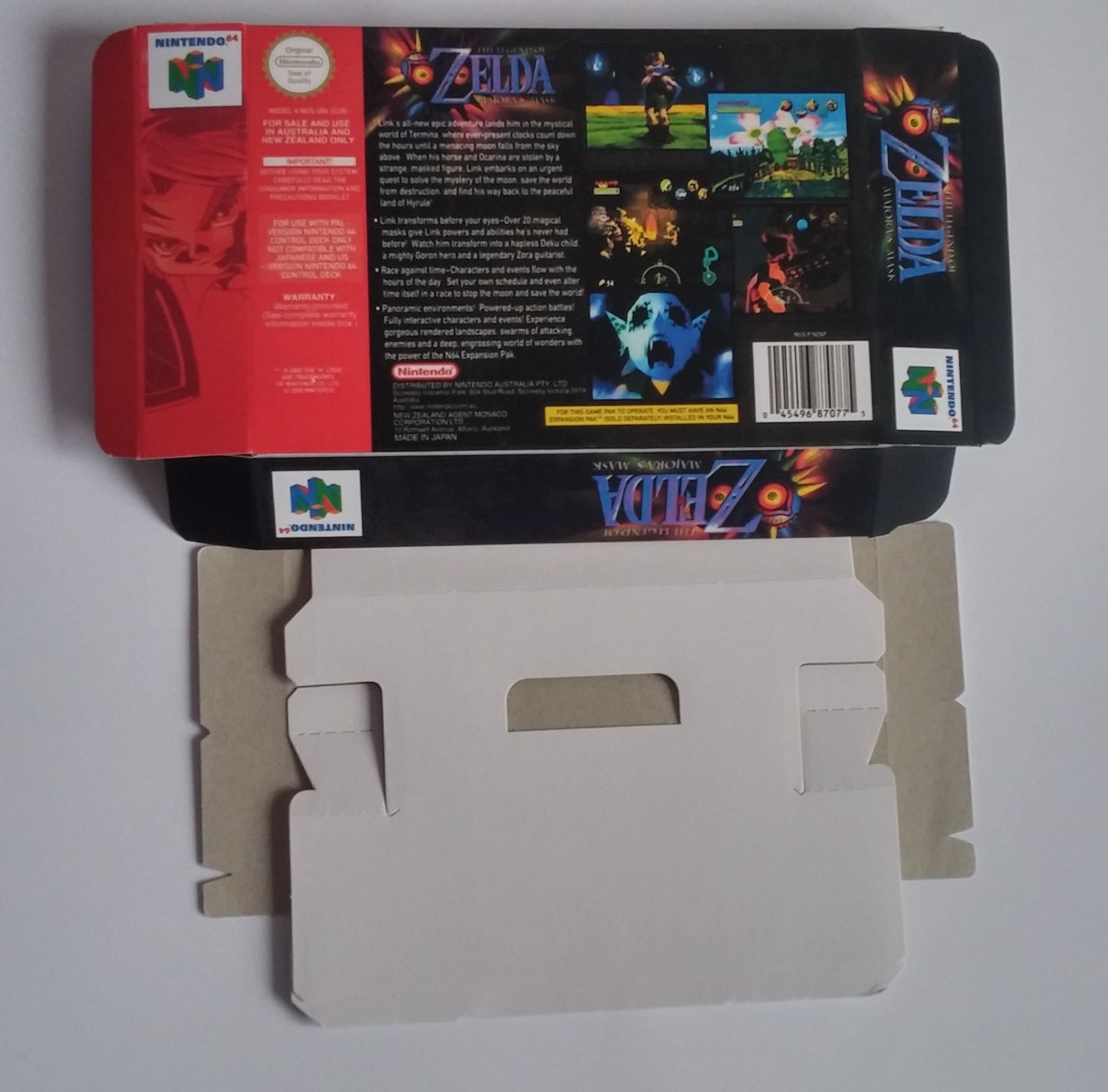 The Legend of Zelda Majoras Mask - NTSC, PAL or Australian PAL - N64- Box replacement, Manual, Inner Tray - thick cardboard as in the original.