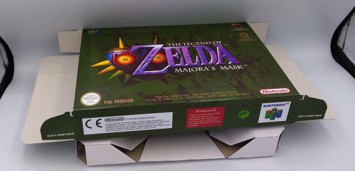 The Legend of Zelda Majoras Mask - NTSC, PAL or Australian PAL - N64- Box replacement, Manual, Inner Tray - thick cardboard as in the original.