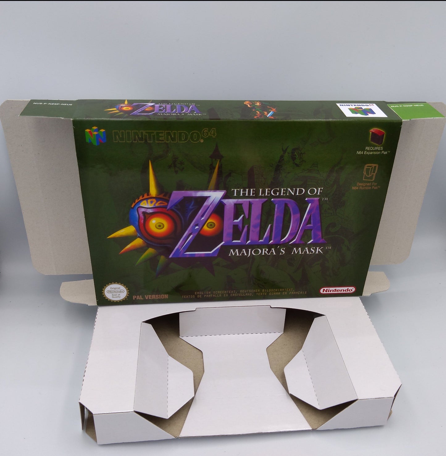 The Legend of Zelda Majoras Mask - NTSC, PAL or Australian PAL - N64- Box replacement, Manual, Inner Tray - thick cardboard as in the original.