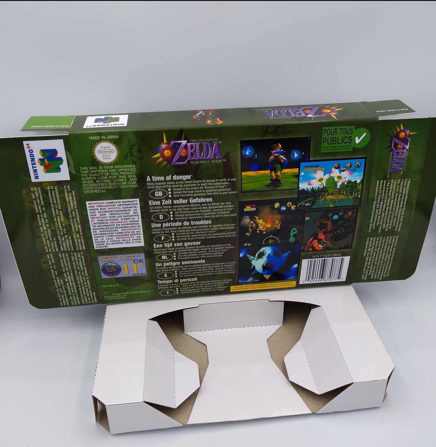 The Legend of Zelda Majoras Mask - NTSC, PAL or Australian PAL - N64- Box replacement, Manual, Inner Tray - thick cardboard as in the original.