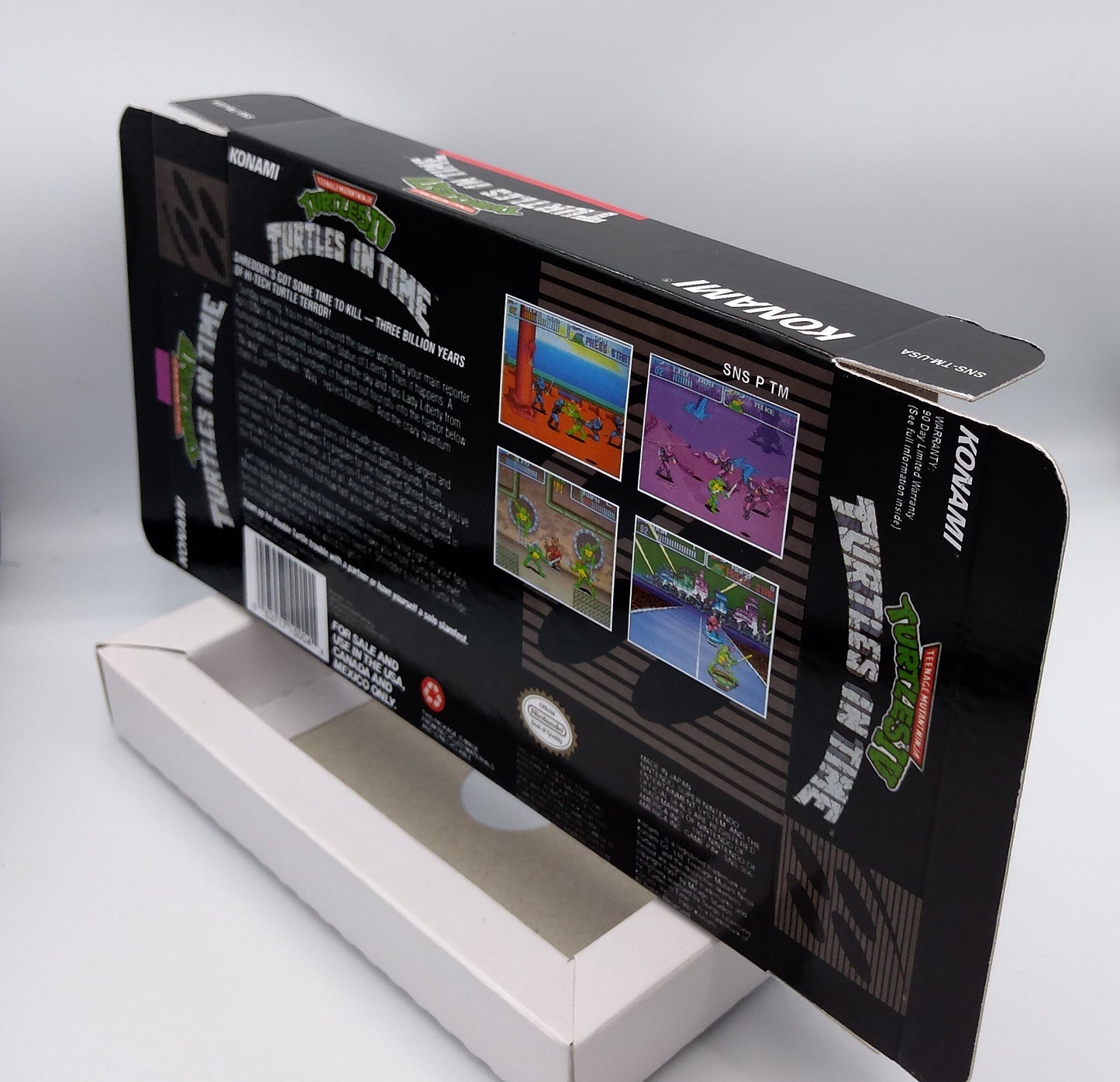 TMNT IV Turtles in Time - NTSC or Pal - box with inner tray option - Snes - thick cardboard as in the original.