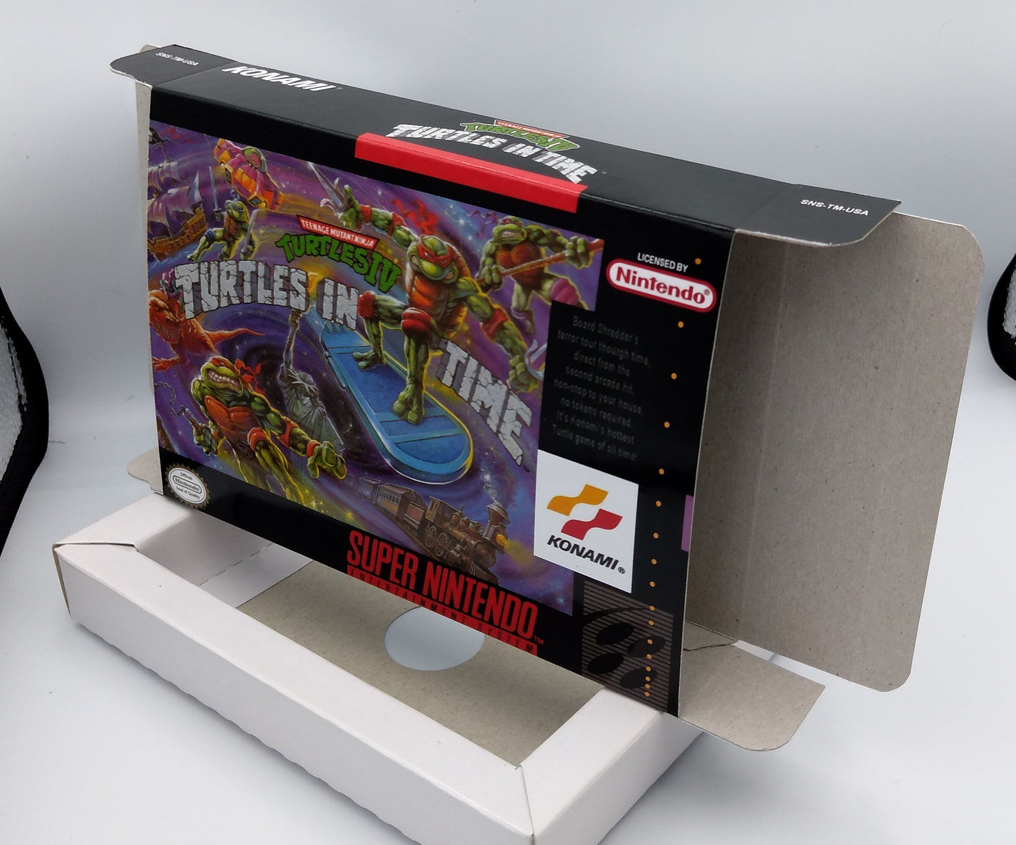 TMNT IV Turtles in Time - NTSC or Pal - box with inner tray option - Snes - thick cardboard as in the original.