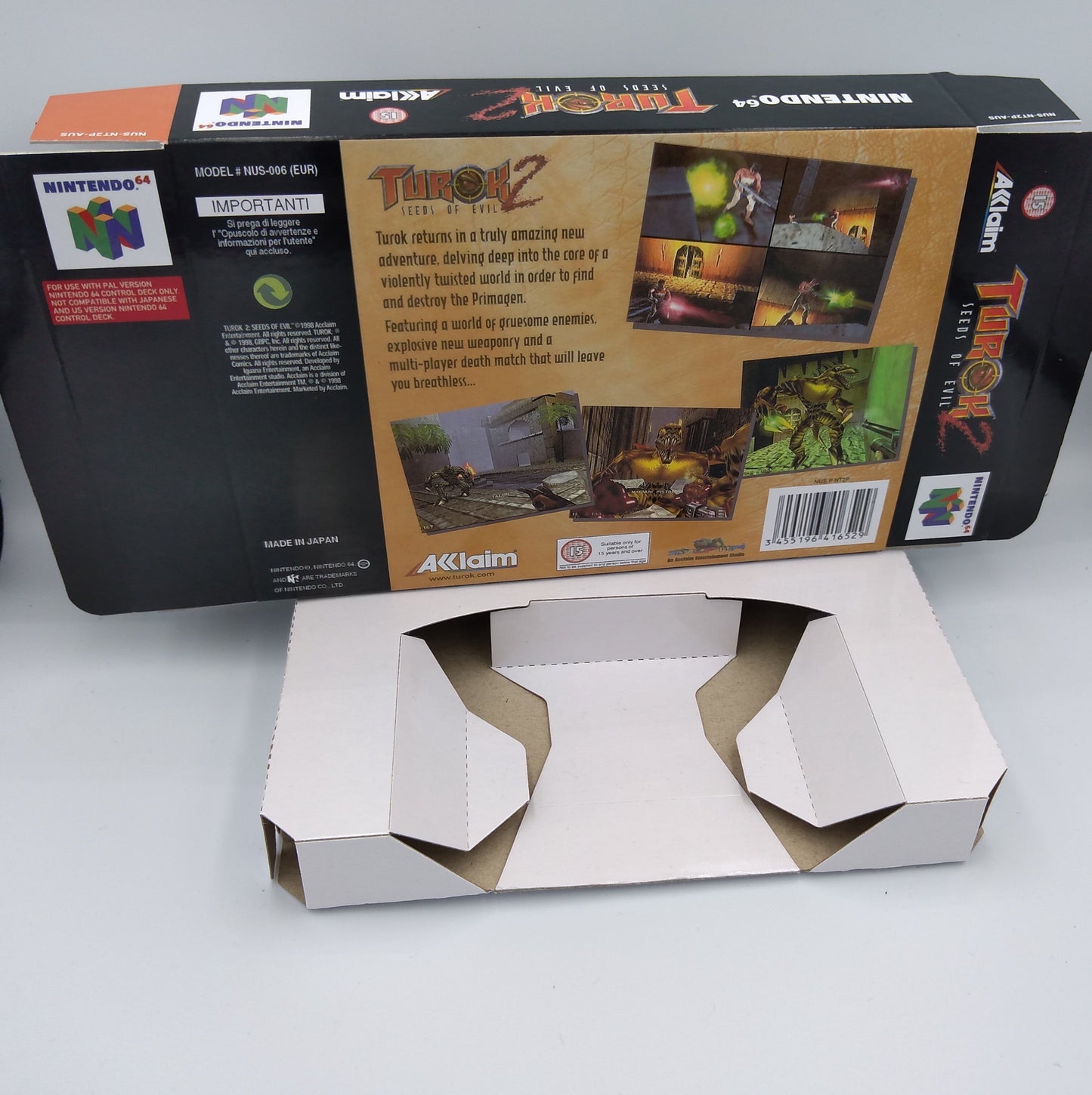 Turok 2 Seeds of Evil - box with inner tray option - PAL, NTSC or Australian PAL - N64 - thick cardboard as in the original. Top Quality !!