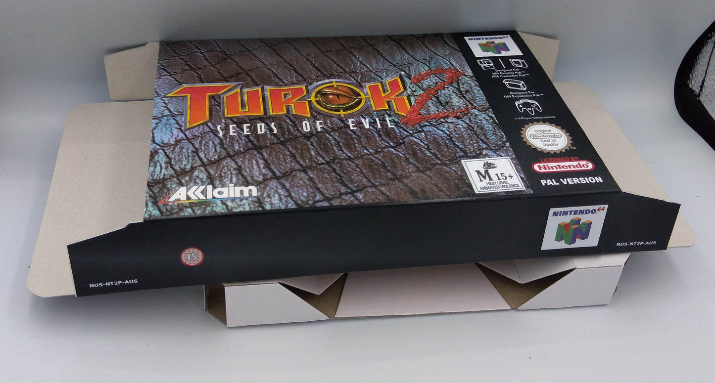 Turok 2 Seeds of Evil - box with inner tray option - PAL, NTSC or Australian PAL - N64 - thick cardboard as in the original. Top Quality !!