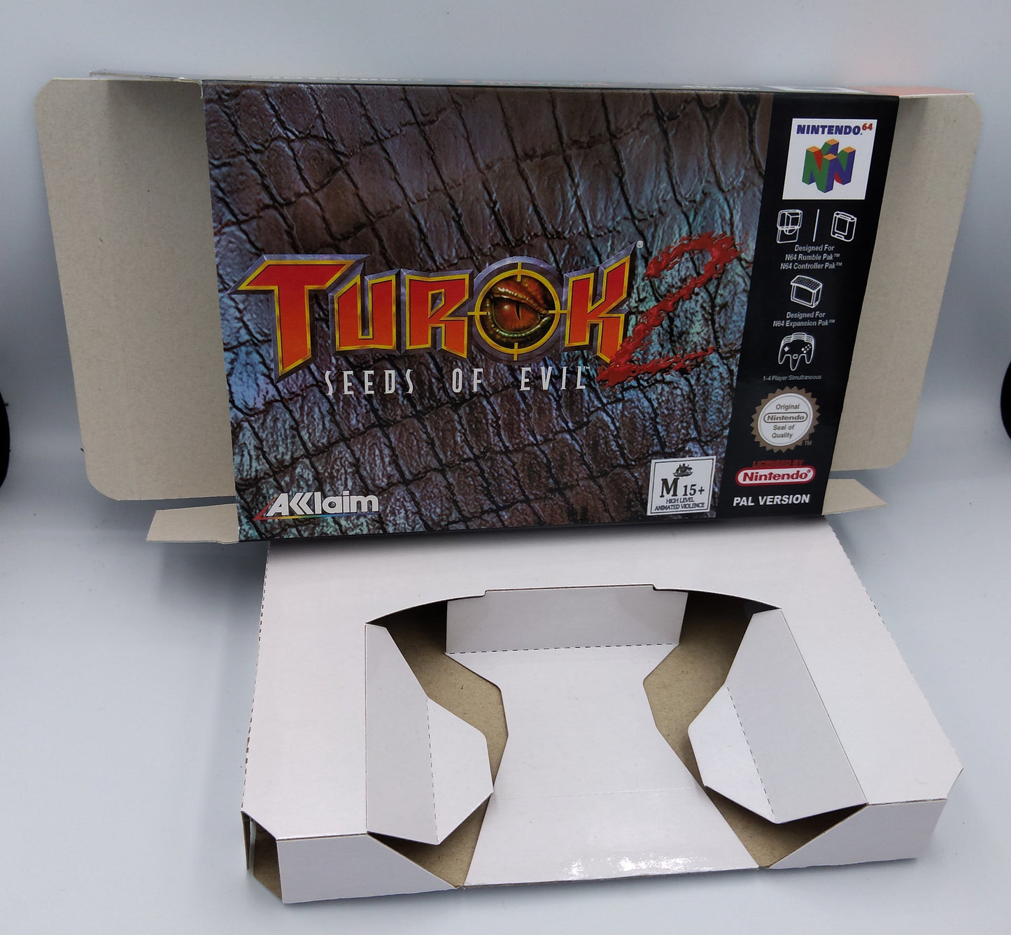 Turok 2 Seeds of Evil - box with inner tray option - PAL, NTSC or Australian PAL - N64 - thick cardboard as in the original. Top Quality !!