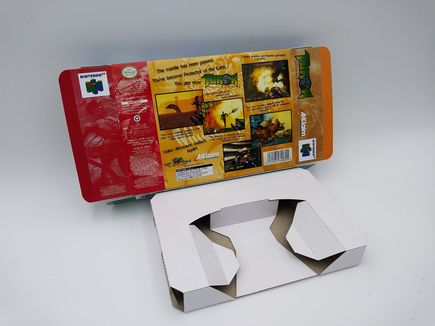 Turok Dinosaur Hunter - box with inner tray option - PAL or NTSC - NINTENDO 64/ N64 - thick cardboard as in the original.